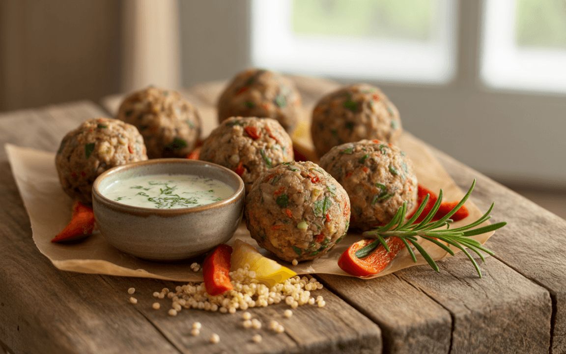 Boules de viande garnies de légumes, accompagnées d'une sauce blanche à l'herbe, servies avec des morceaux de poivron et du quinoa.