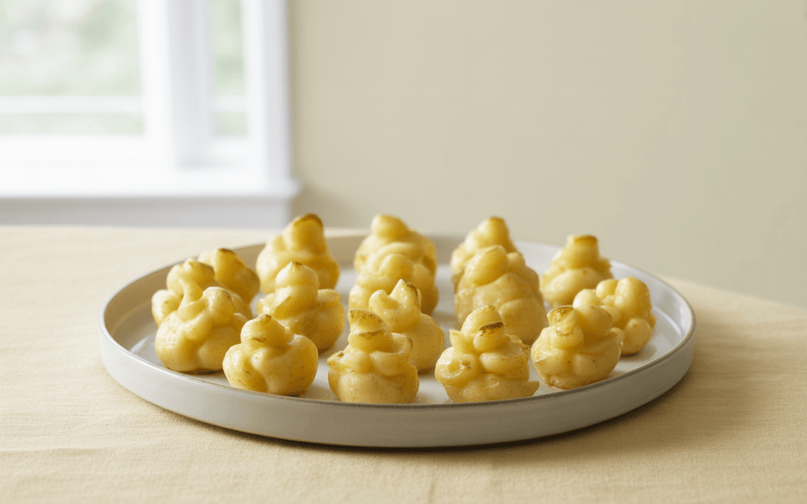 Des petites bouchées dorées à base de pommes de terre, présentées sur un plat rond, avec un fond clair et lumineux.