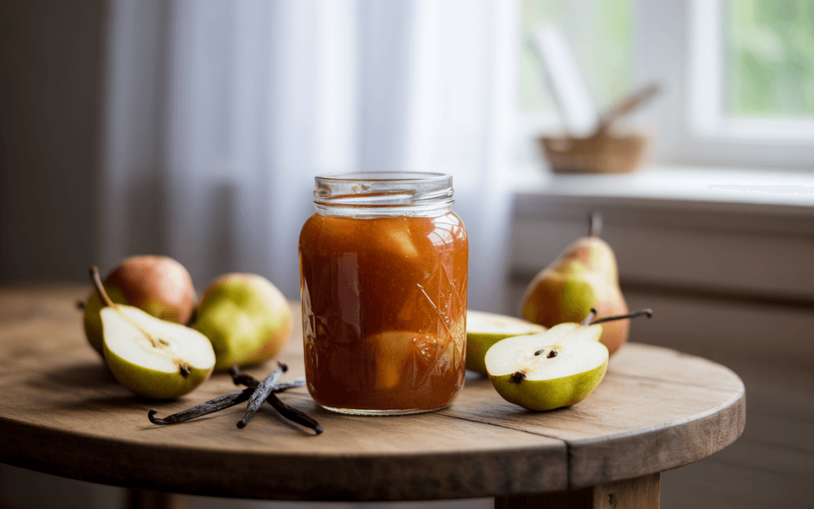 Un pot de compote avec des tranches de poire et des pommes, entouré de gousses de vanille sur une table en bois.