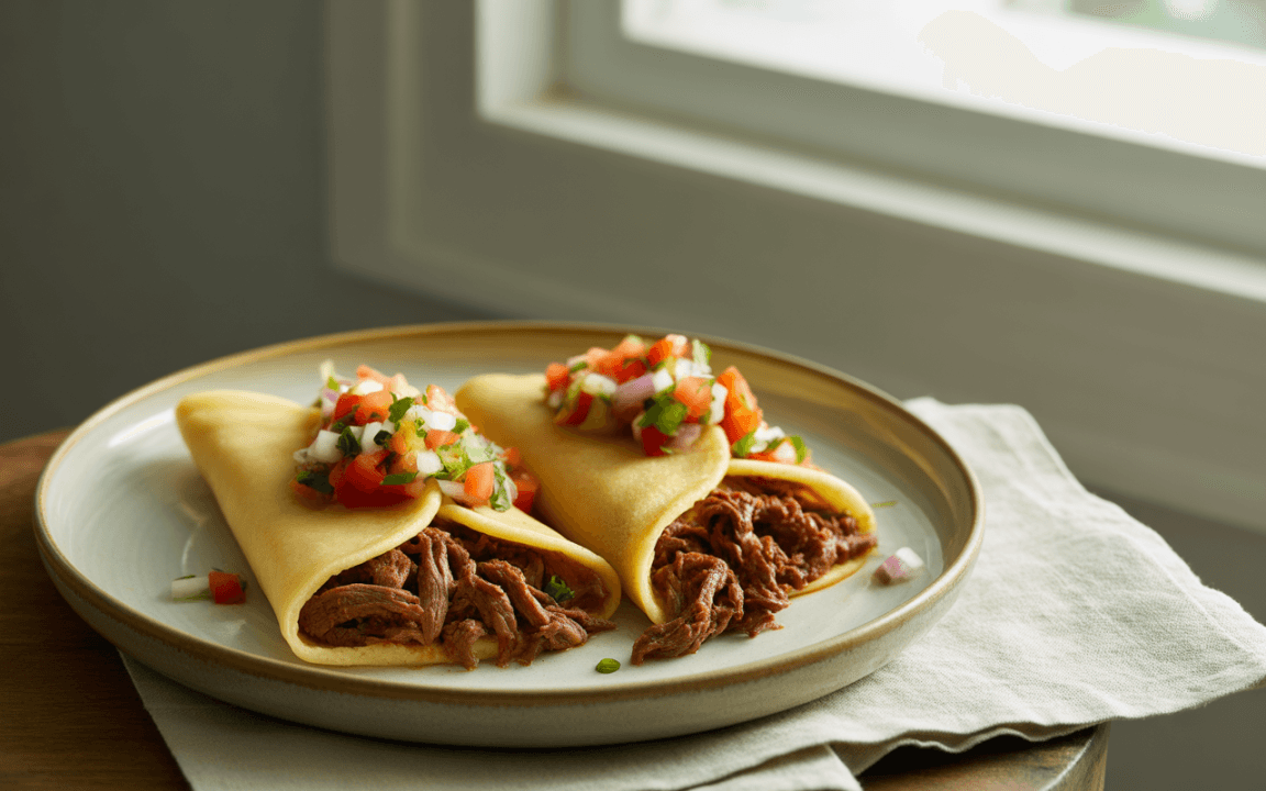 Deux tacos garnis de viande effilochée, surmontés de salsa fraîche, présentés sur une assiette près d'une fenêtre.