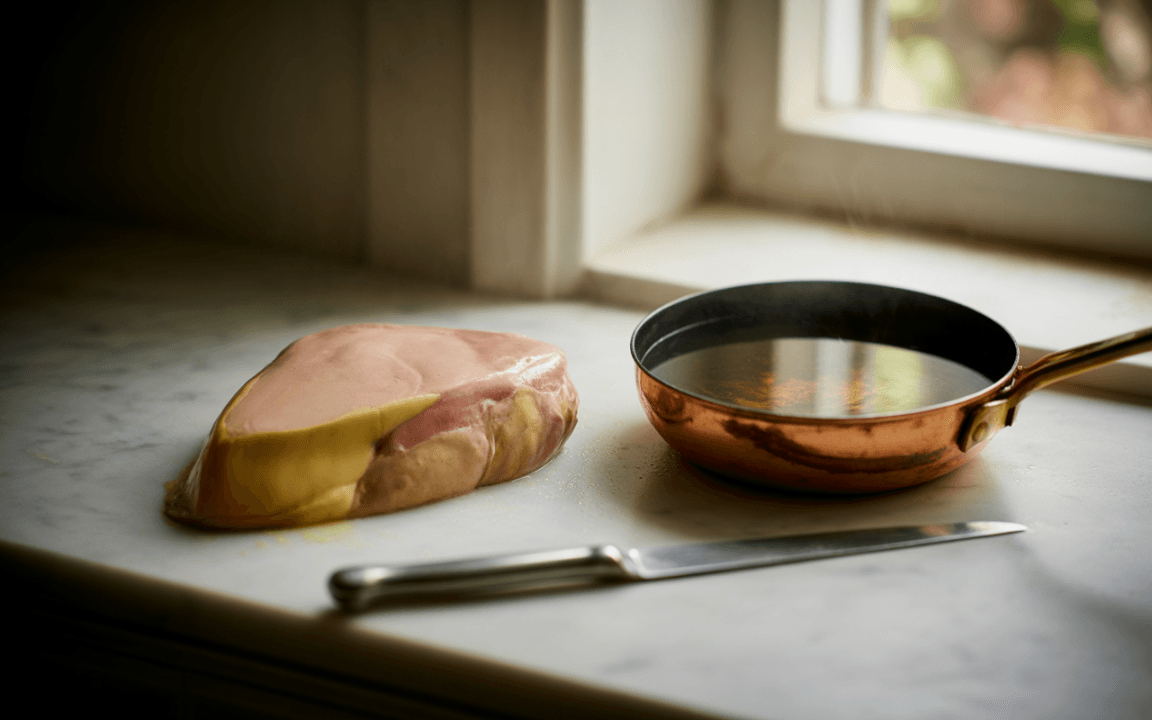 Un morceau de foie gras sur un plan de travail avec une poêle en cuivre et un couteau à côté.