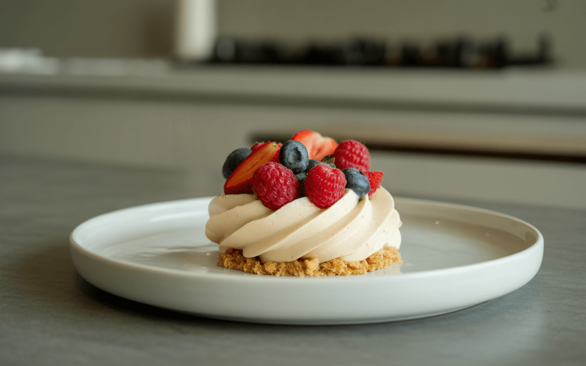 Gâteau décoré de crème onctueuse et de fruits rouges sur une assiette blanche. Fond flou de cuisine moderne.