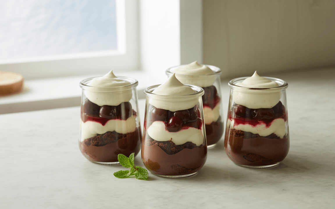 Quatre verrines de dessert contenant de la mousse au chocolat, des cerises, de la crème et une touche de menthe.