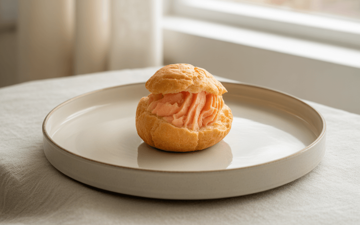 Une pâtisserie ronde avec de la crème glacée rose à l'intérieur, posée sur une assiette beige, sur une table claire.