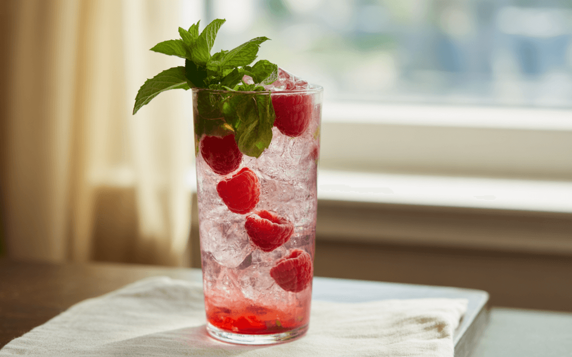 Verre de cocktail aux framboises, rempli de glaçons et garni de feuilles de menthe, posé sur une nappe claire.