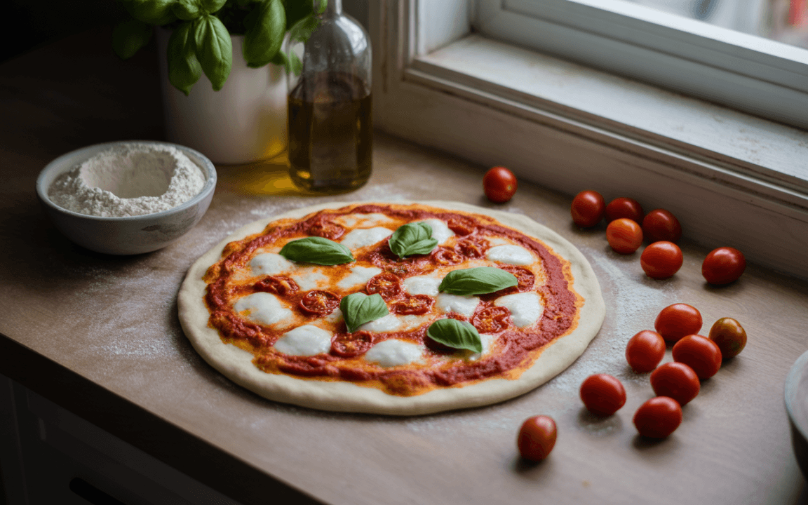 Pâte à pizza garnie de sauce tomate, mozzarella et basilic, entourée de tomates cerises et de farine sur un plan de travail.