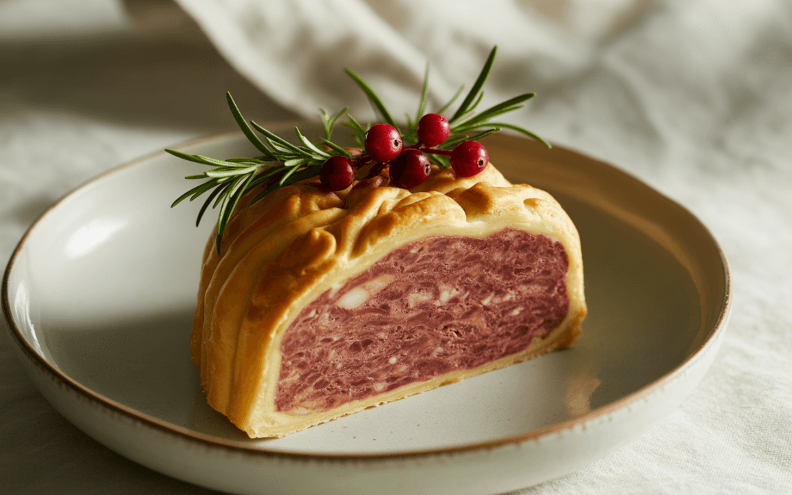 Terrine de viande dans une croûte dorée, garnie de romarin et de baies rouges, sur une assiette blanche.