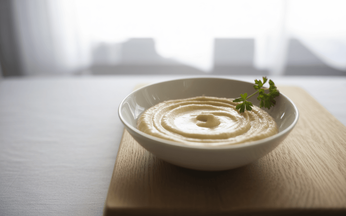 Bol de houmous crémeux, décoré d'une feuille de persil, sur un plateau en bois, avec un fond lumineux.