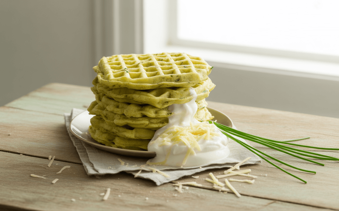 Gaufres vertes empilées, accompagnées de crème et de fromage, servies sur une assiette blanche sur une table en bois.