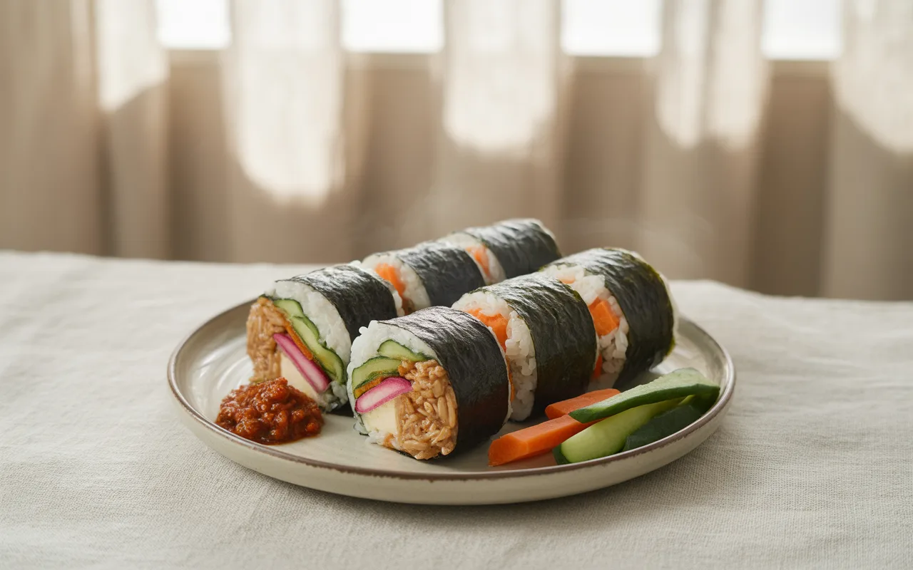Assiette de sushi roulé avec algues, riz et légumes, accompagnée de sauce piquante et bâtonnets de légumes. Éclairage doux en arrière-plan.