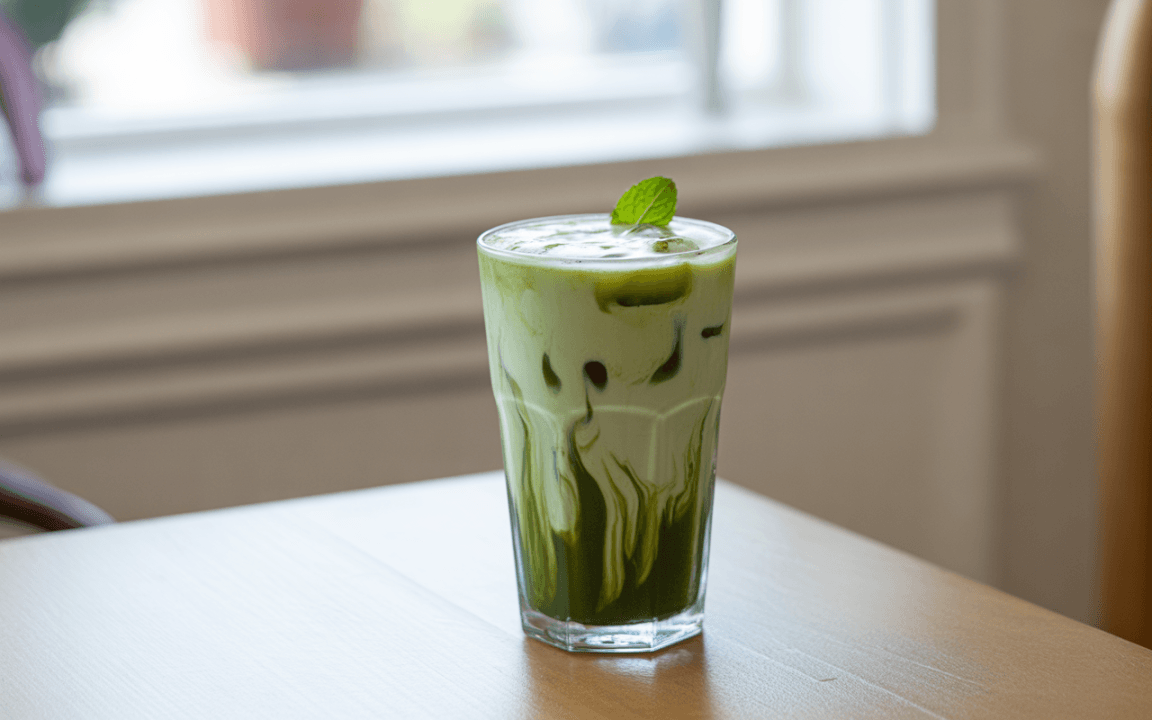 Verre de boisson verte avec de la crème, glaçons et une feuille de menthe, sur une table en bois. Lumière naturelle.