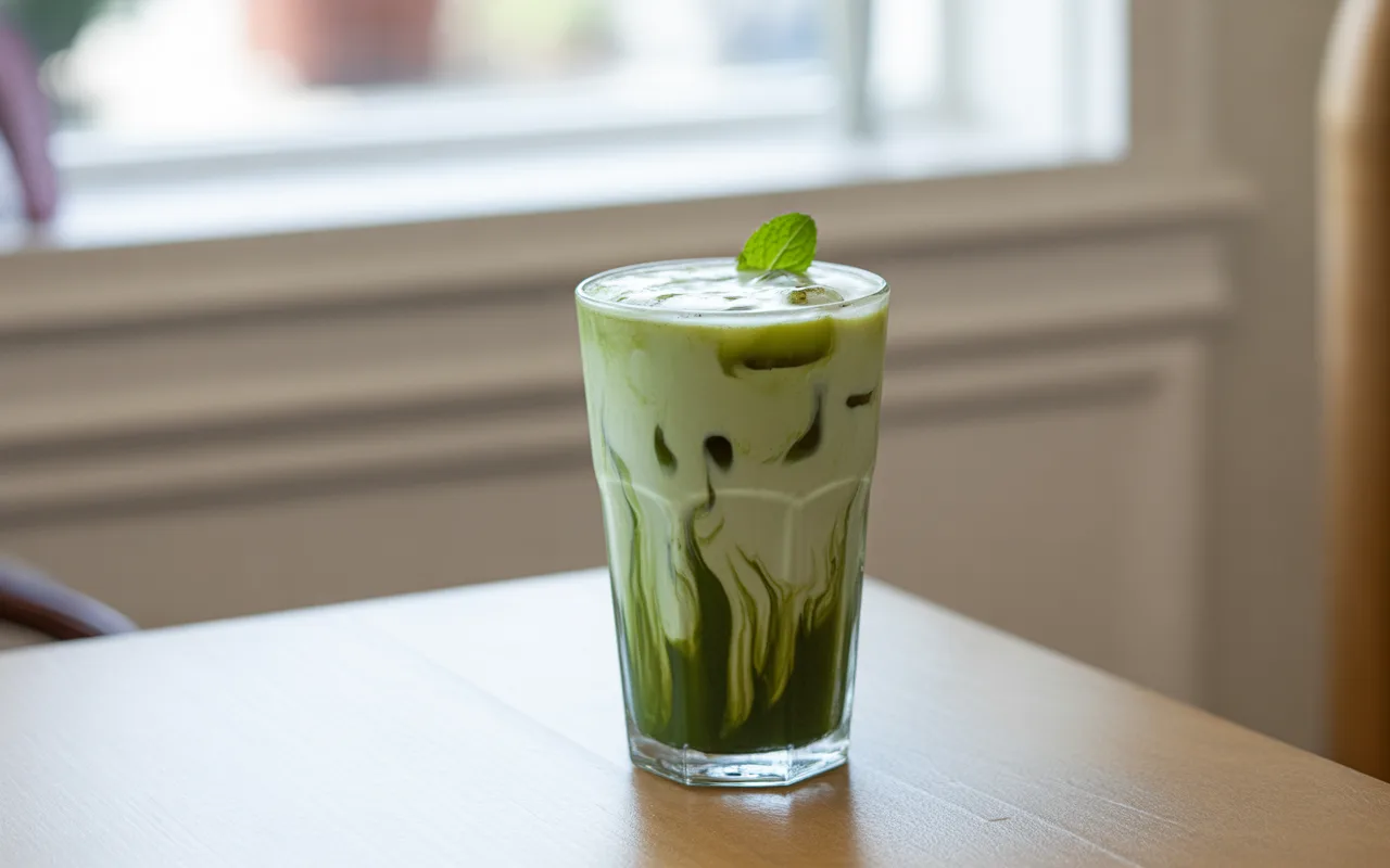 Verre de boisson verte avec de la crème, glaçons et une feuille de menthe, sur une table en bois. Lumière naturelle.