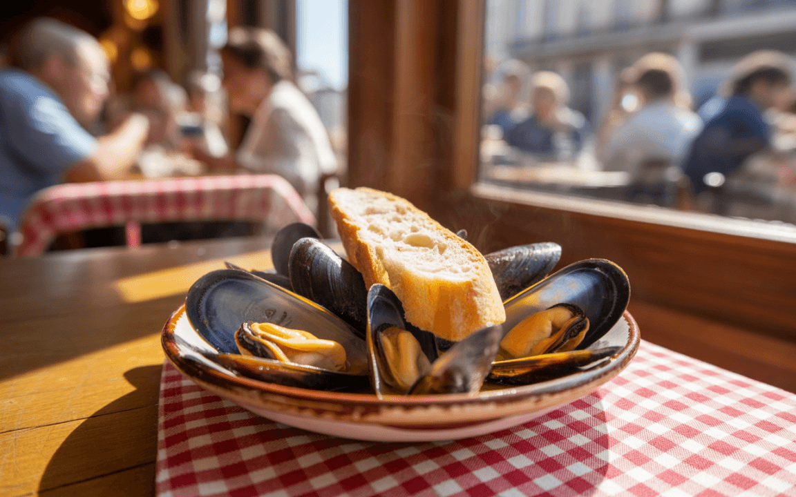 Assiette de moules avec une tranche de pain, sur une table à carreaux, dans un restaurant animé. Lumineux et appétissant.