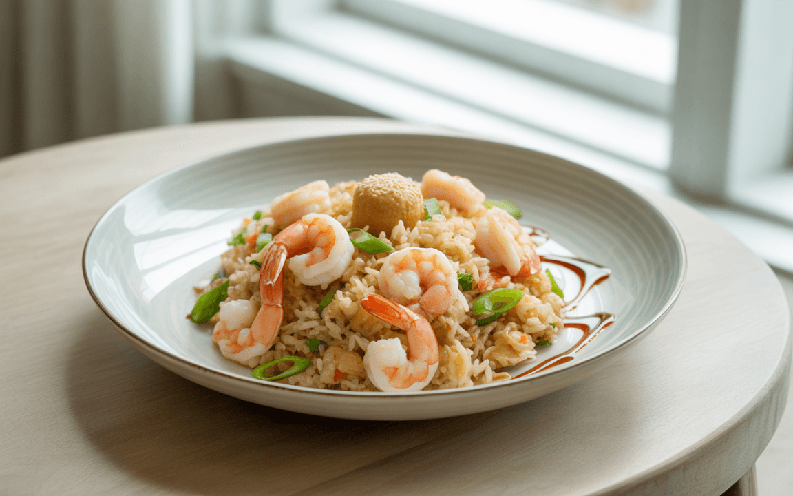 Assiette de riz avec des crevettes, des oignons verts et une sauce, présentée sur une table en bois devant une fenêtre.