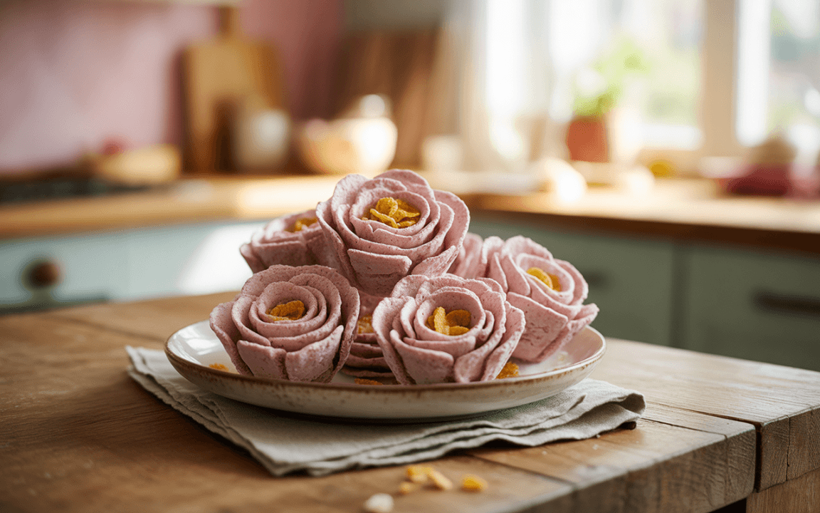 Des pâtisseries en forme de roses, à la crème rose, décorées de morceaux de fruits, sur une assiette beige, dans une cuisine lumineuse.