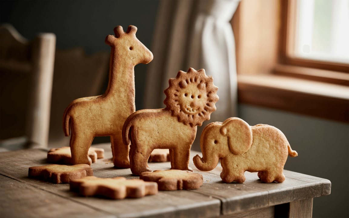 Biscuits en forme d'animaux (girafe, lion, éléphant) sur une table en bois, avec quelques biscuits supplémentaires en arrière-plan.