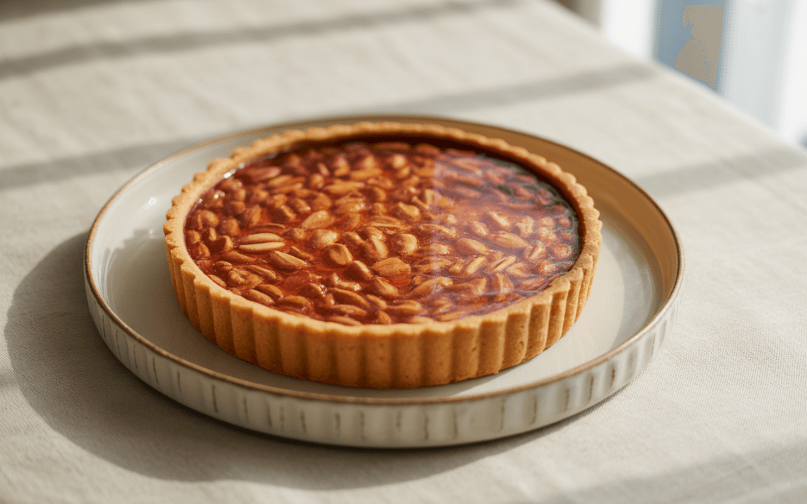 Tarte aux amandes dorées sur une assiette blanche, posée sur une nappe beige avec un éclairage naturel.