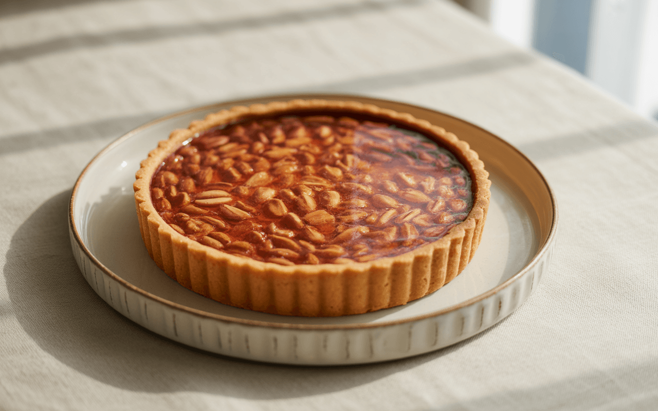 Tarte aux amandes dorées sur une assiette blanche, posée sur une nappe beige avec un éclairage naturel.