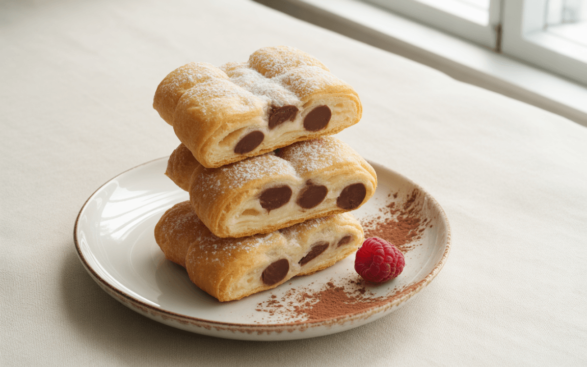 Trois viennoiseries feuilletées avec chocolat, saupoudrées de sucre glace, sur une assiette avec une framboise et de la poudre de cacao.