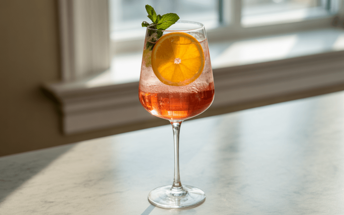 Verre à vin élégant contenant une boisson gazeuse rose, décoré d'une rondelle d'orange et d'une feuille de menthe, sur une table.