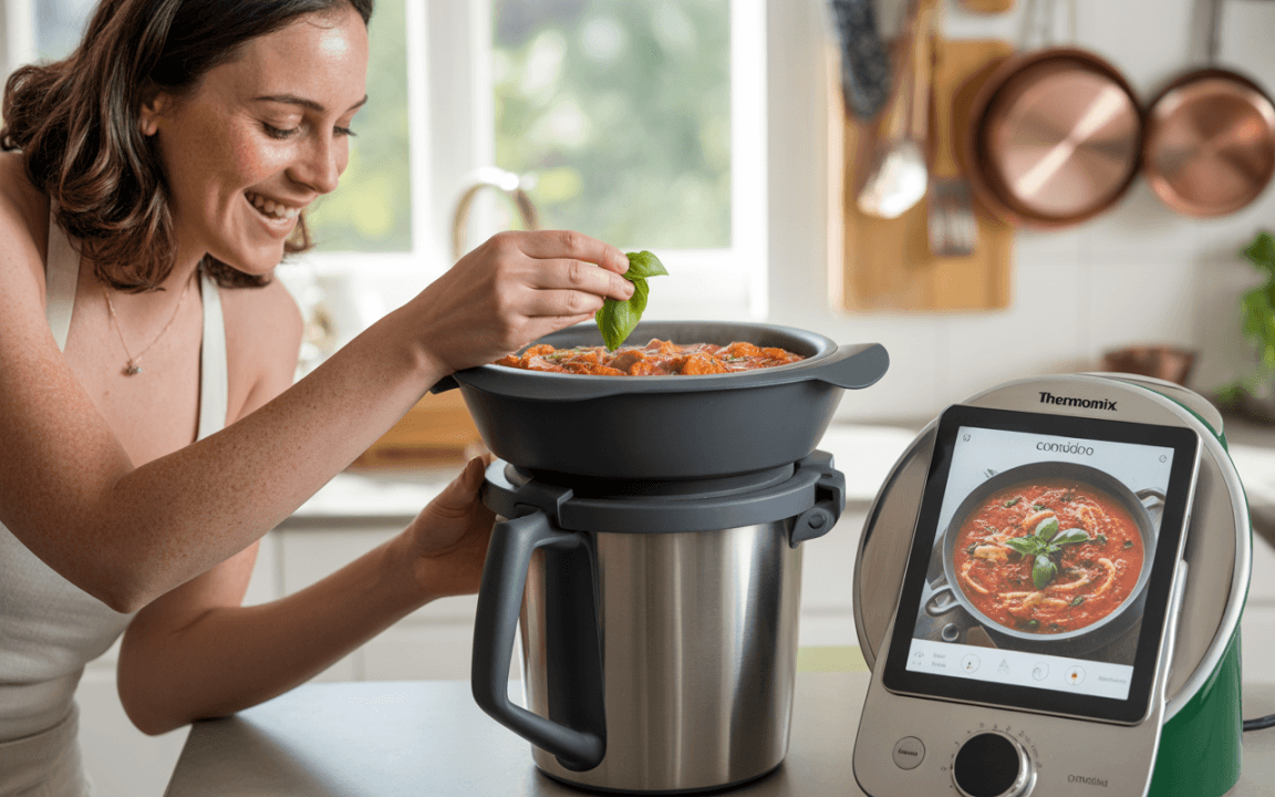 Une femme souriante ajoute du basilic à un plat dans un robot culinaire moderne, avec une tablette affichant la recette.