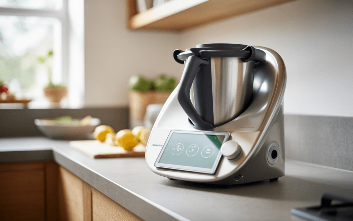 Thermomix moderne en cuisine, avec écran tactile, bol en acier et ingrédients frais en arrière-plan sur un plan de travail.