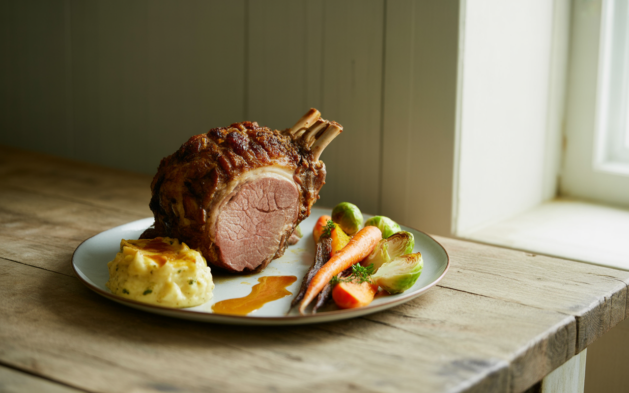 Plat de viande rôtie avec légumes colorés et purée crémeuse, servi sur une assiette blanche, posé sur une table en bois.