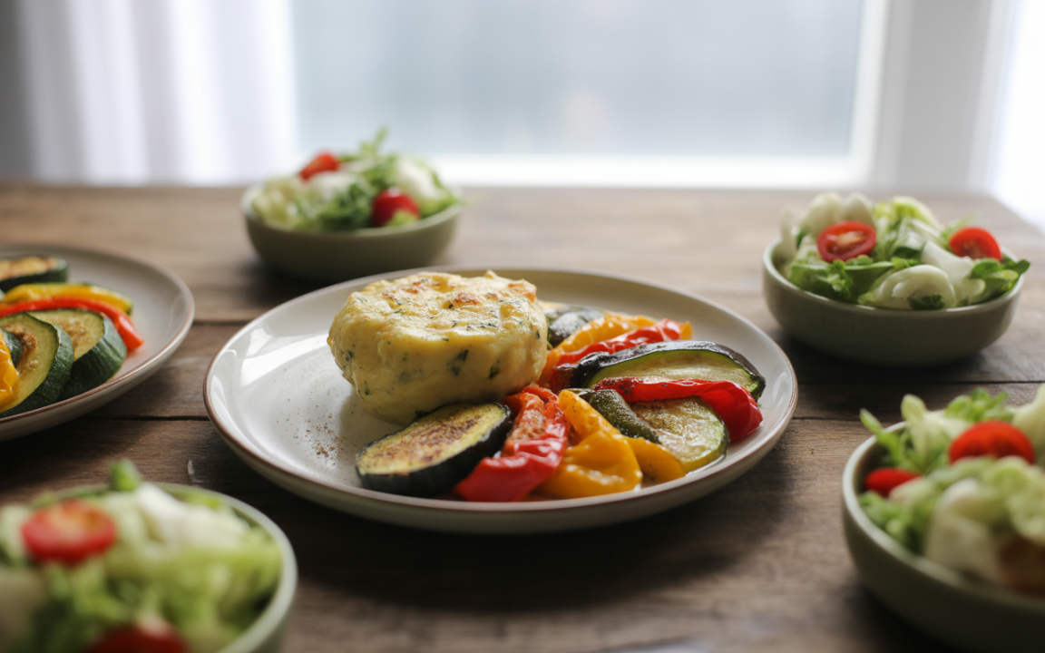Assiette de légumes grillés colorés avec un galette, entourée de salades fraîches dans des bols. Ambiance naturelle et chaleureuse.