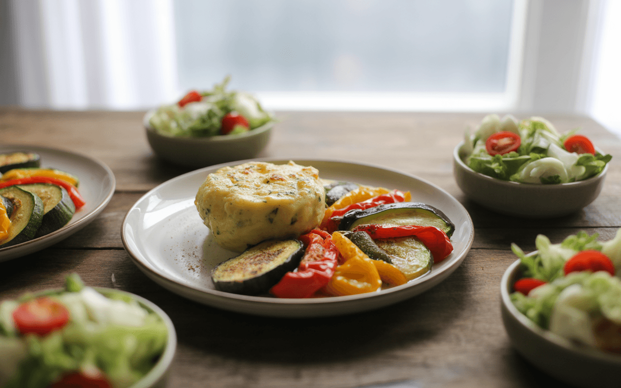 Assiette de légumes grillés colorés avec un galette, entourée de salades fraîches dans des bols. Ambiance naturelle et chaleureuse.