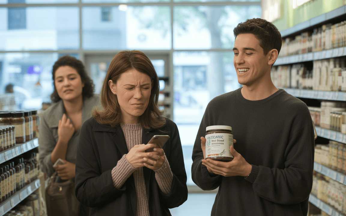 Une femme regarde son téléphone avec une expression de dégoût, tandis qu'un homme sourit en tenant un pot de produit alimentaire.