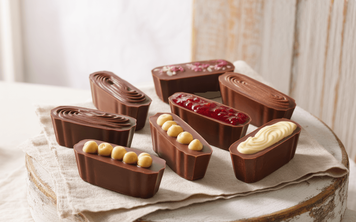 Assortiment de chocolats en forme de petites barres, garni de fruits, de noisettes et de crème, présentés sur un linge.