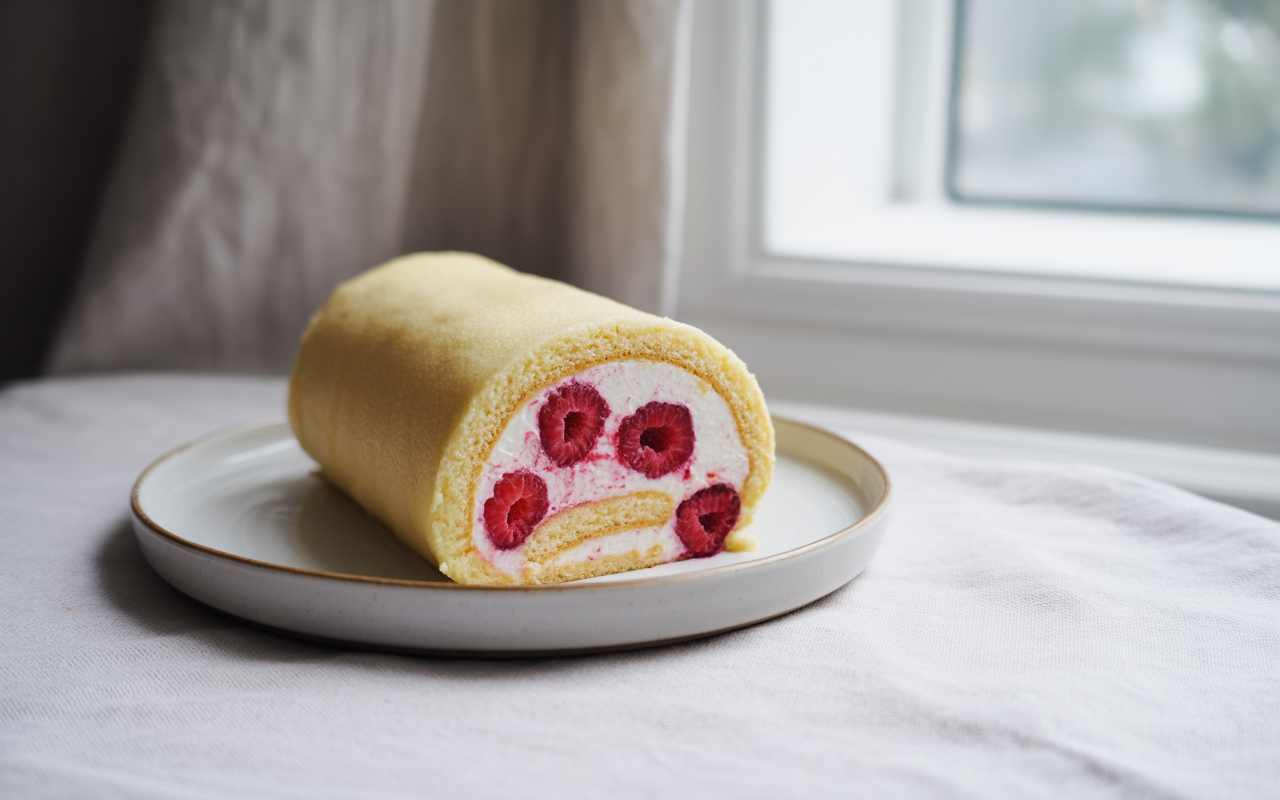 Gâteau roulé aux framboises sur une assiette, avec un fond flou et une lumière douce entrant par une fenêtre.