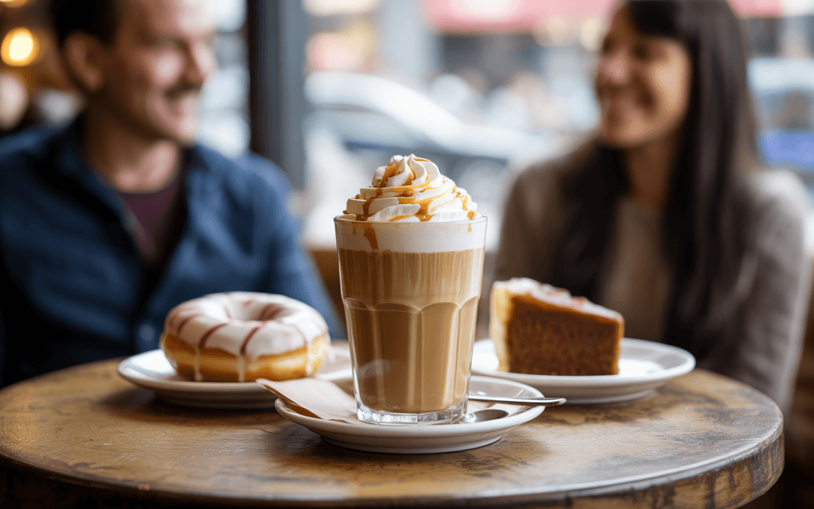 Deux personnes souriantes, un café au lait décoré, un donut et un morceau de gâteau sur une table en bois.