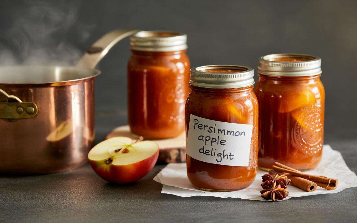 Trois bocaux de confiture étiquetés "Persimmon apple delight" avec un pot en cuivre et des épices à côté.