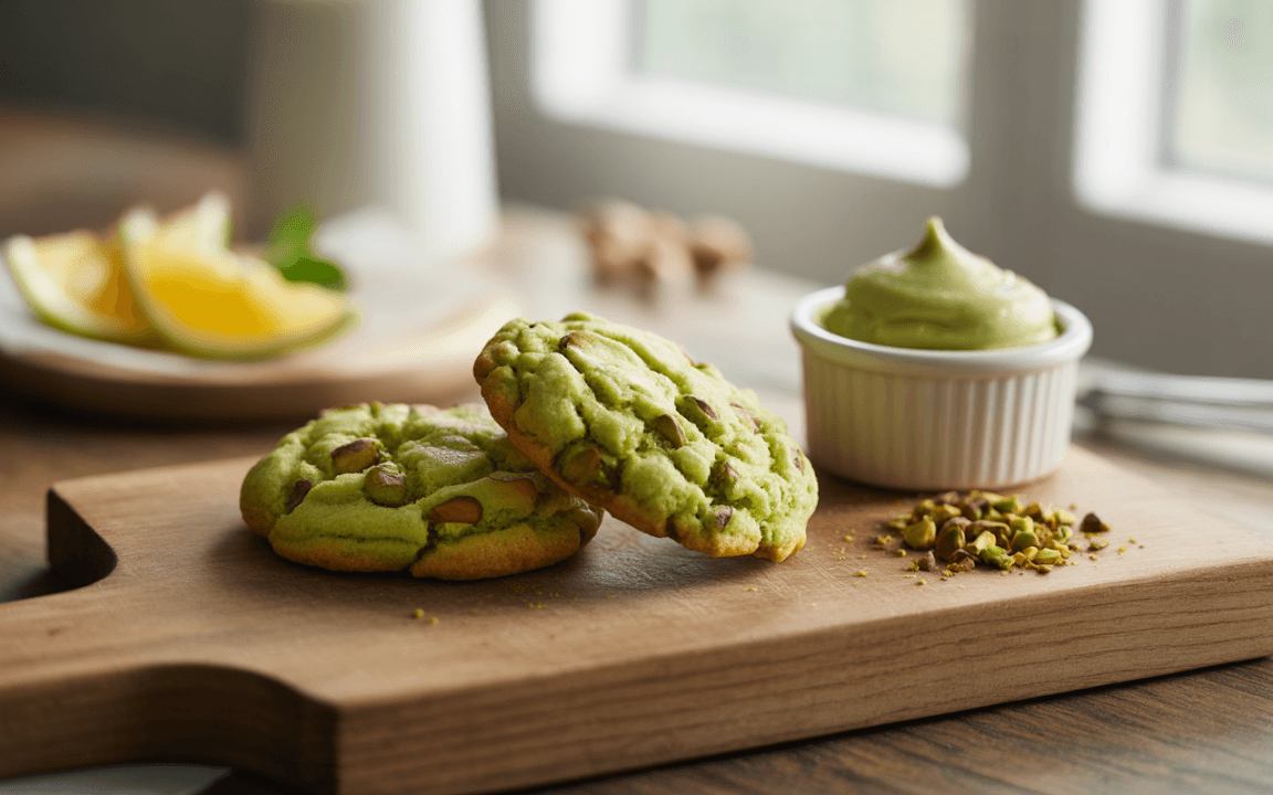 Deux cookies verts garnis de pistaches, accompagnés d'une crème verte et de quartiers de citron sur une planche en bois.