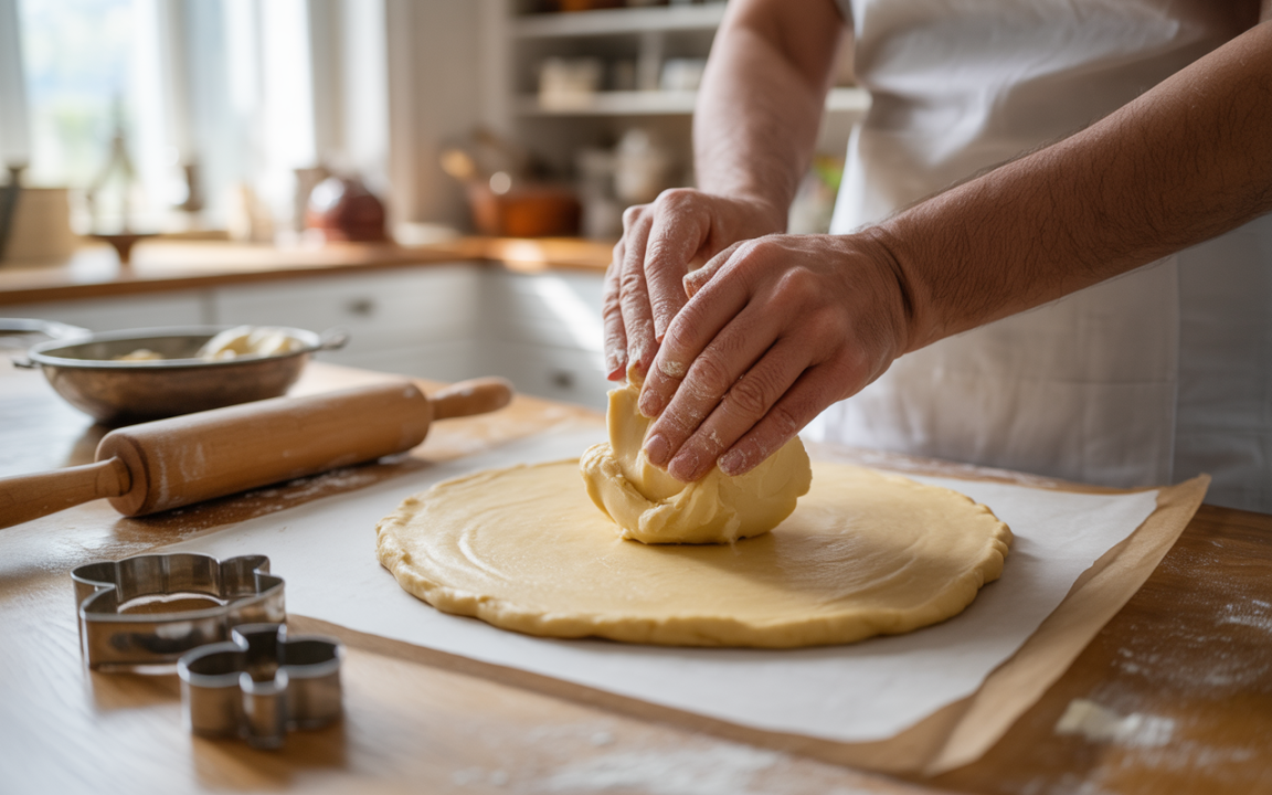 Un chef prépare de la pâte sur un plan de travail, utilisant ses mains pour incorporer du beurre. Ustensiles en arrière-plan.