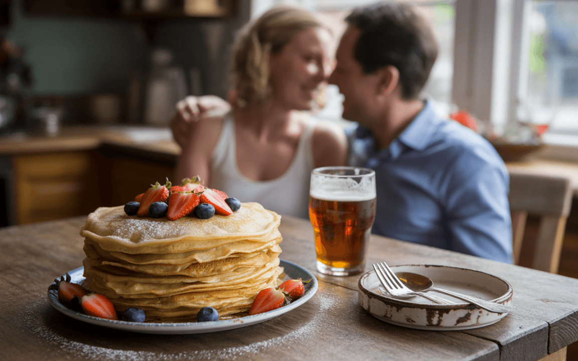 Couple souriant en arrière-plan, avec une pile de crêpes garnies de fruits et un verre de bière sur la table en bois.