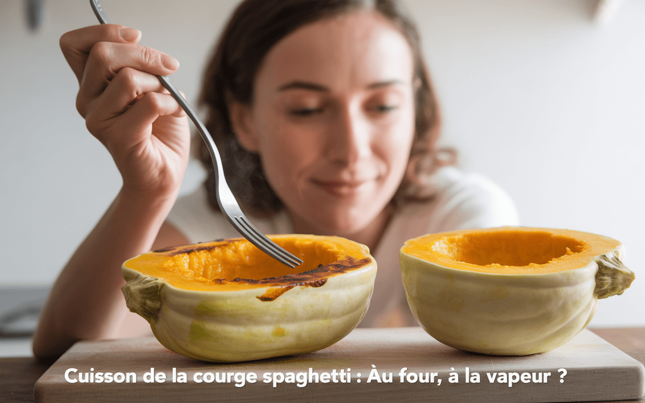Femme tenant une fourchette, examinant une courge spaghetti coupée en deux, avec un texte sur la cuisson.