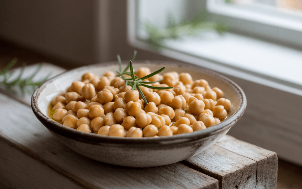 Bol de pois chiches avec un brin de romarin, posé sur un plan de bois, avec une lumière douce entrant par la fenêtre.