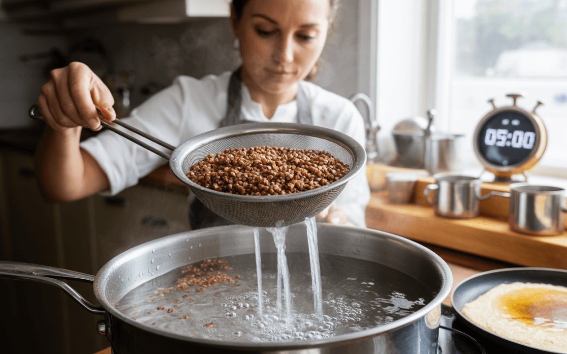 Une femme filtre des graines dans une passoire au-dessus d'une casserole d'eau bouillante dans une cuisine moderne.