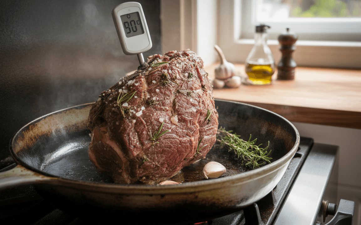 Viande rôtie dans une poêle avec un thermomètre indiquant 90°C, garnie de sel, ail et herbes aromatiques.