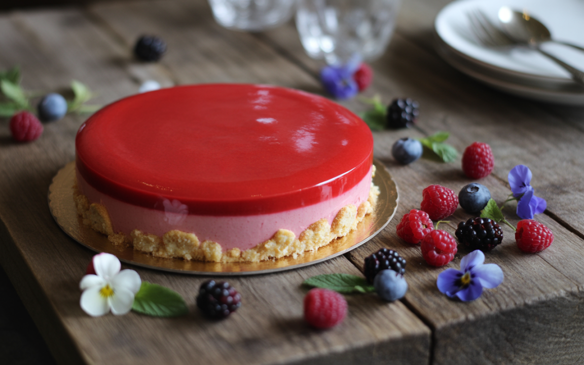 Gâteau mousse fruité avec un glaçage rouge sur un plat, entouré de fruits frais et de fleurs posées sur une table en bois.