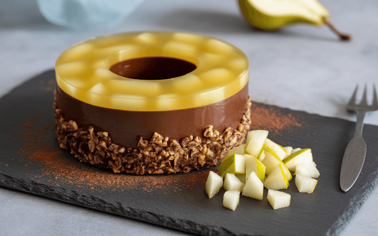 Gâteau en couches avec gelatinée jaune, chocolat, et croûte de noix, accompagné de morceaux de poire sur un plat noir.