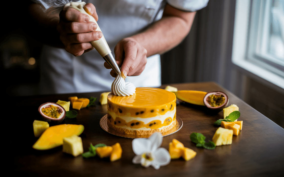 Un pâtissier décore un gâteau aux fruits tropicaux avec de la crème chantilly, entouré de morceaux de fruits frais.