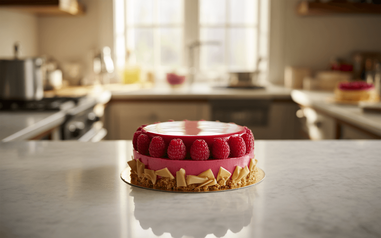 Gâteau à la framboise sur une table en marbre, avec des framboises fraîches et des décorations en chocolat. Cuisine lumineuse en arrière-plan.