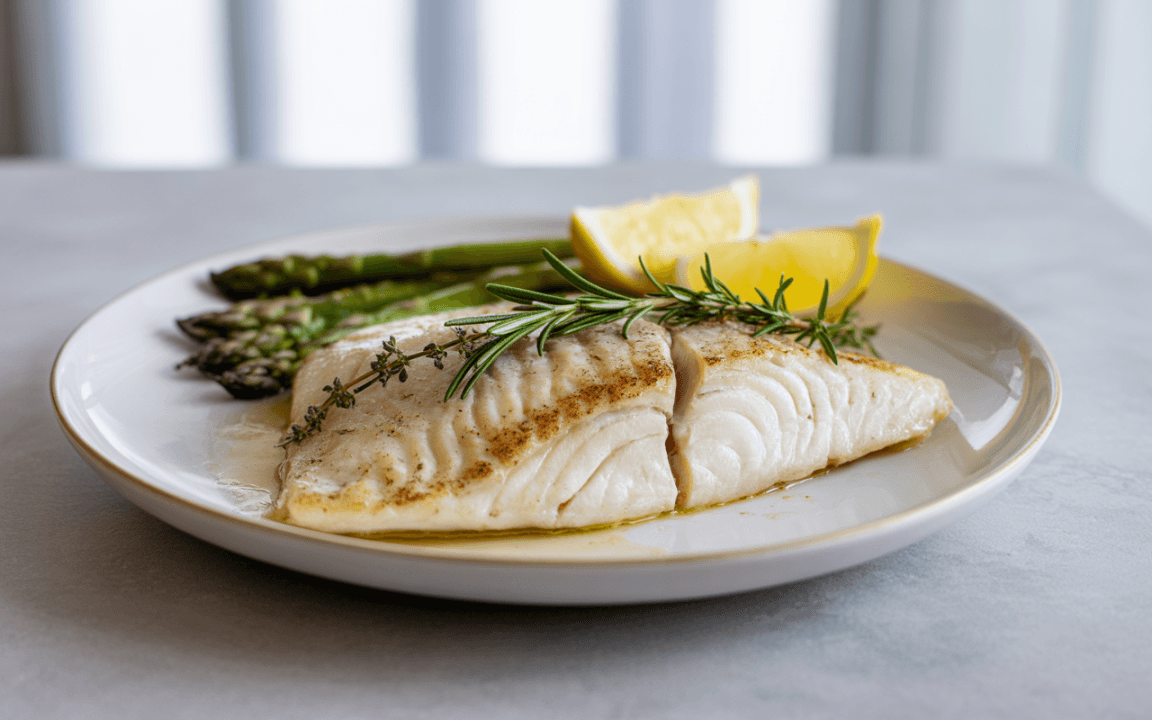 Filet de poisson cuit, accompagné d'asperges, de quartiers de citron et garniture d'herbes, sur une assiette élégante.