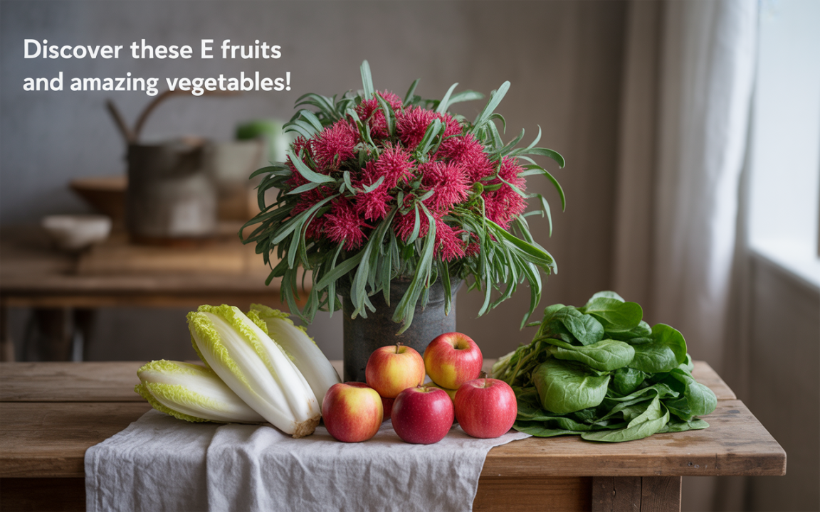 Bouquet de fleurs colorées avec des pommes, de la laitue et des épinards sur une table en bois. Ambiance naturelle.