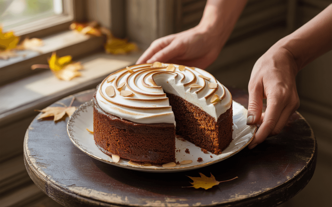 Un gâteau rond avec de la crème glacée et des amandes, sur une assiette, est en train d'être servi dans un cadre automnal.