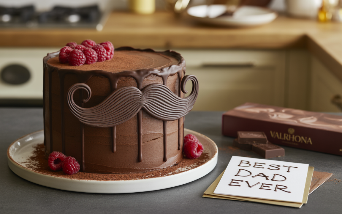 Gâteau au chocolat décoré d'une moustache en chocolat, framboises et carte "BEST DAD EVER" sur une table.