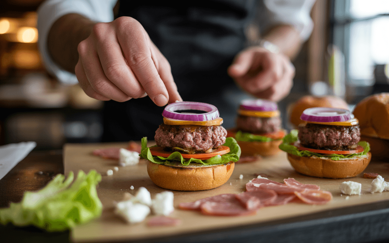 Un chef assemble des hamburgers avec des galettes de viande, de la laitue, des tomates et des garnitures colorées sur une planche.